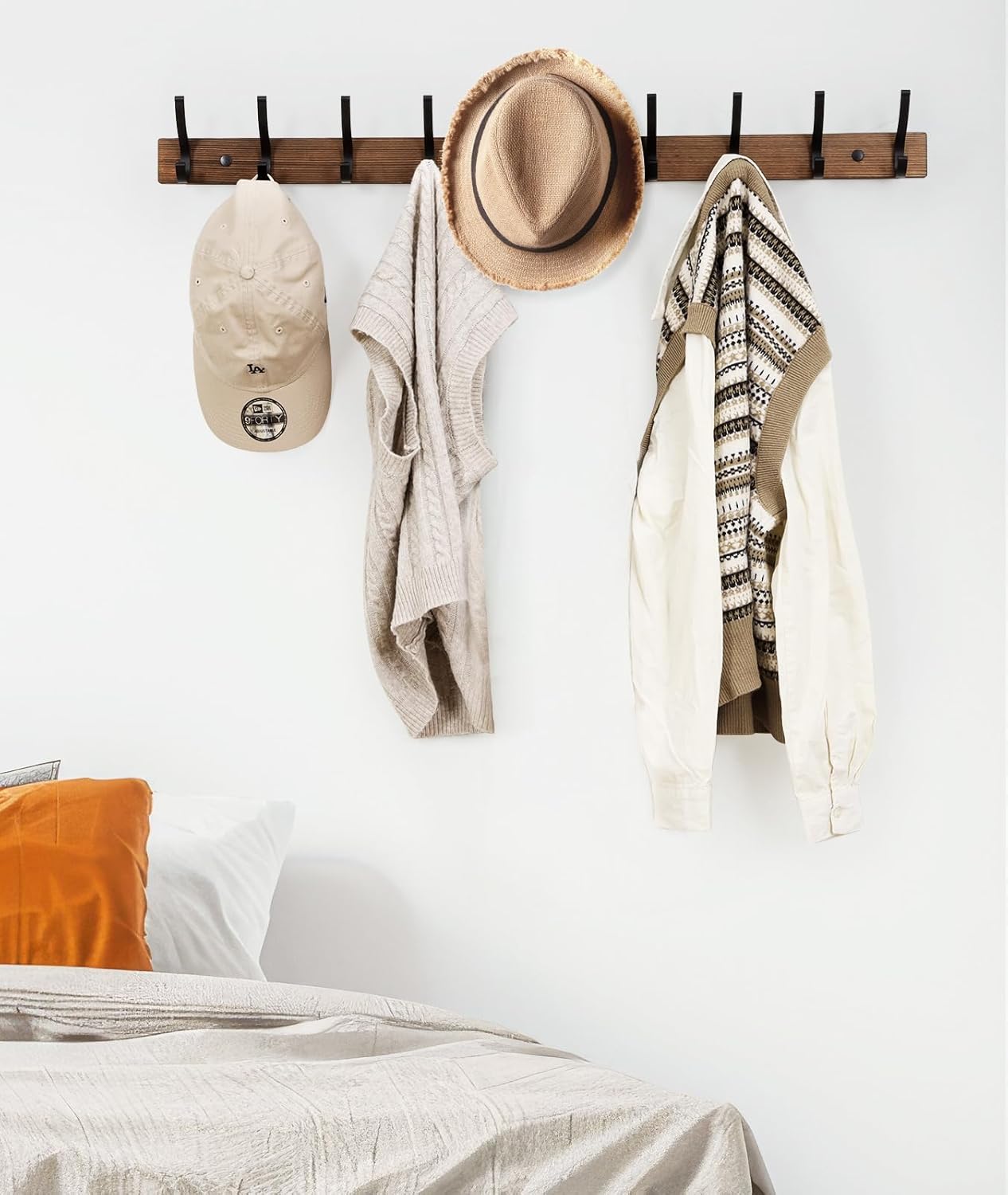 Coat Rack Wall Mount, 16.5 Inches Wood Coat Hooks, Wall Hooks for Hanging, Hat Rack Bag Hanger Key Holder for Wall