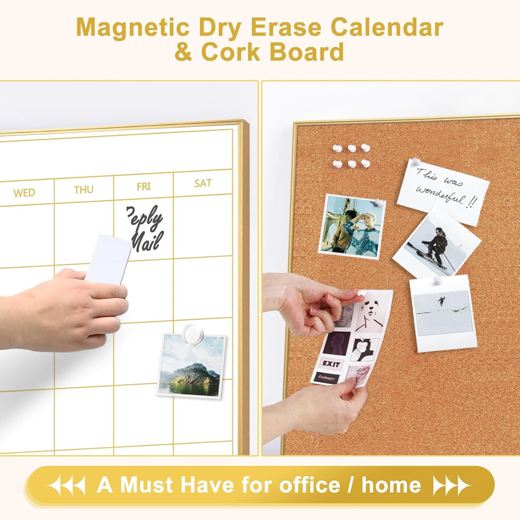Dry Erase Calendar with Cork Board, 36"x24" Magnetic White Board Calendar Dry Erase for Wall, Gold Frame Combination