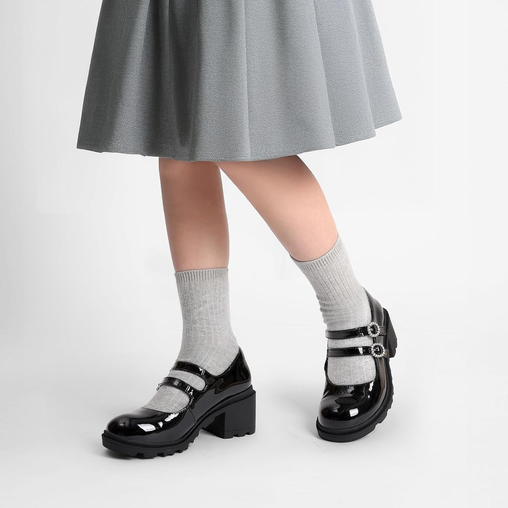 Mary Jane Shoes for Girls Platform School Uniform Party Chunky Dress Heel Double Straps Flats for Little Big Kid