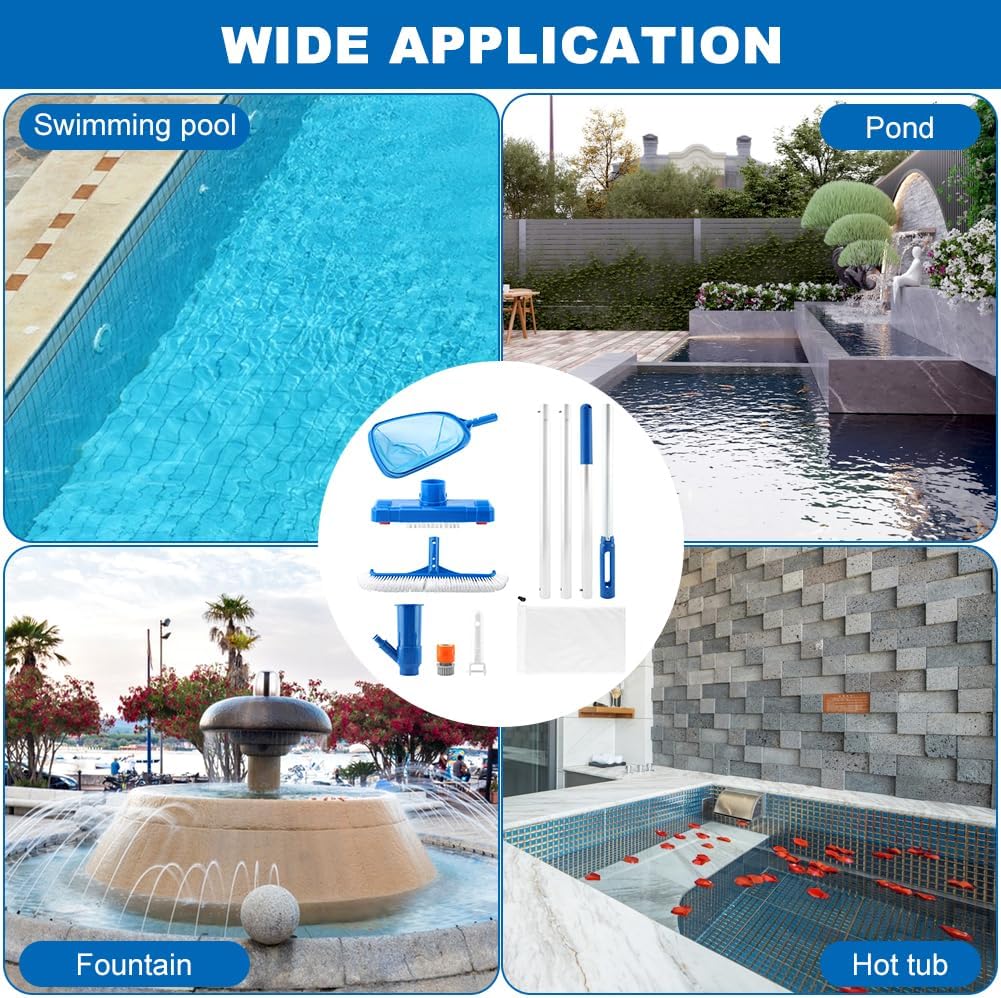 Swimming Pool Cleaning Kit IncludingSpa Jet Vacuum Cleaner,Aluminum Frame Skimmer Net,Pool Brush Head Adjustable