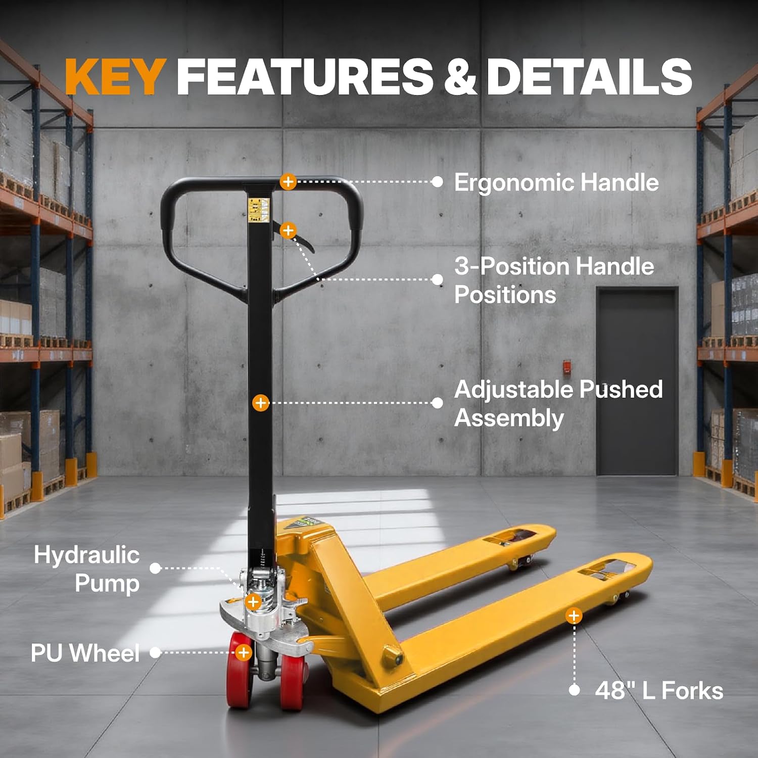 Manual Pallet Jack – Narrow Heavy Duty Truck Lift, 5500 lbs Capacity, 48" L x 21" W Forks, Durable PU Wheels for