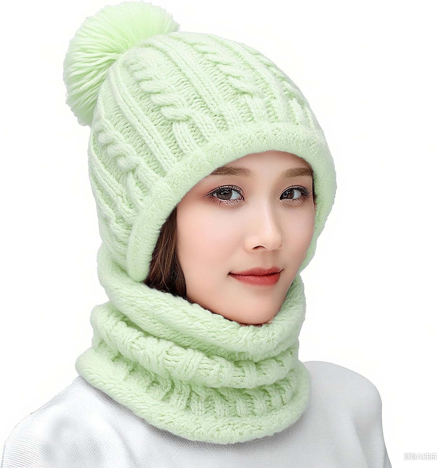 Women Winter Knit Beanie Hats One Piece Fleece Lined Balaclavas | Lady winter Earmuff Hooded Ski Snow Hat Pom Pom