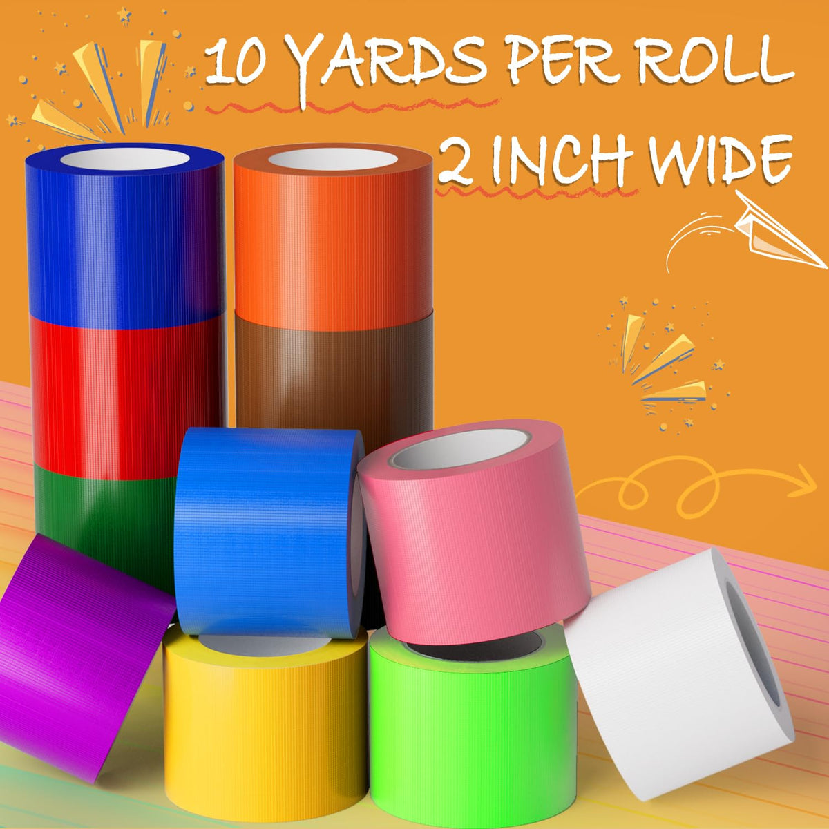 12 Pack Rainbow Colored Duct Tape 2" x10YD Waterproof No Residue