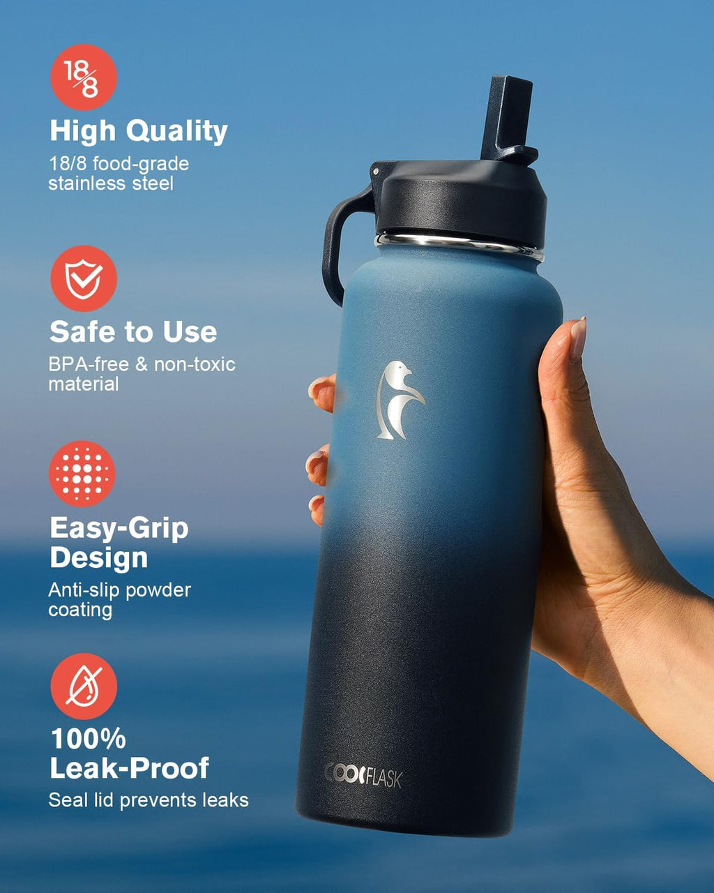40 oz Water Bottle Insulated with Straw & 3 Leakproof Lids | Water Flask Stainless Steel Triple-Wall Vacuum,Cold