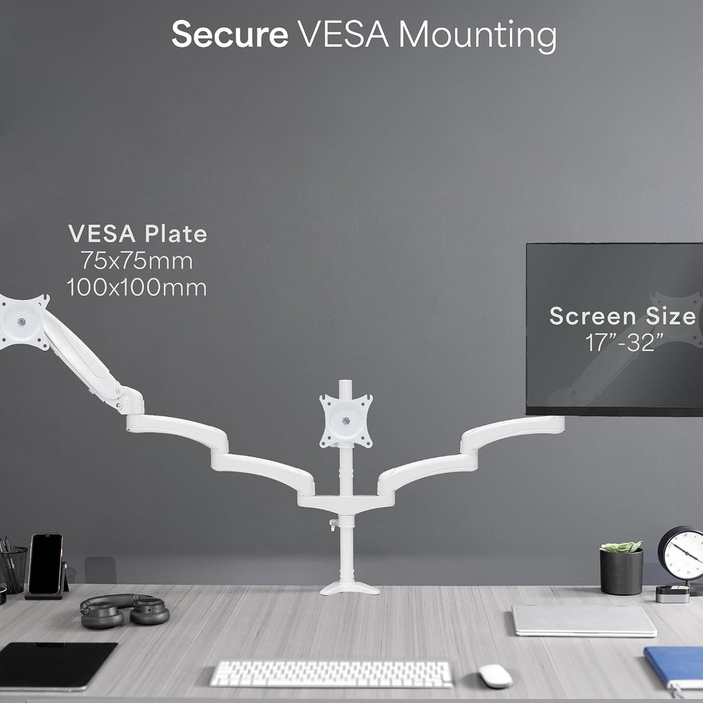 17 to 32 inch Triple Pneumatic Monitor Mount, 2 Pneumatic Arms, 1 Fixed, Adjustable Swivel, Rotation, Heavy Duty VESA