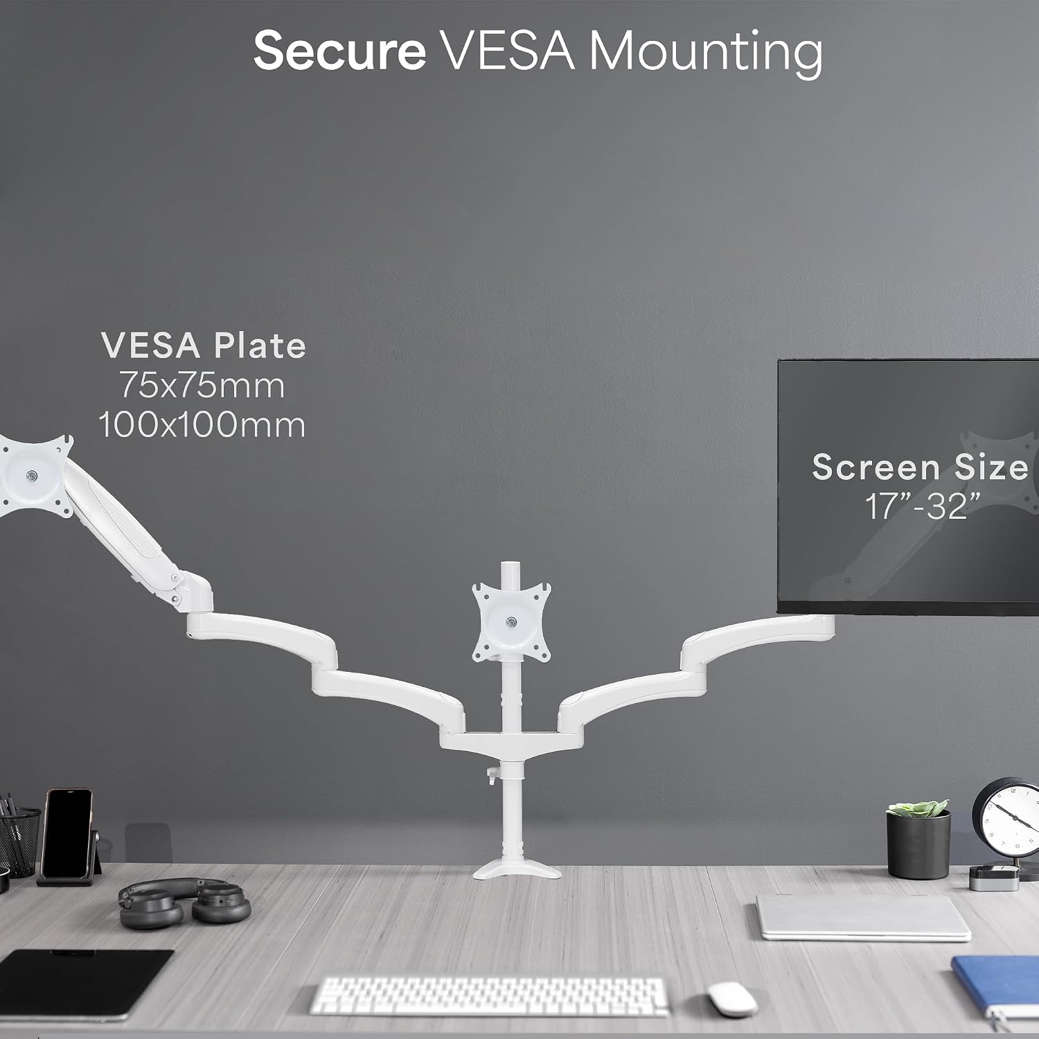 17 to 32 inch Triple Pneumatic Monitor Mount, 2 Pneumatic Arms, 1 Fixed, Adjustable Swivel, Rotation, Heavy Duty VESA