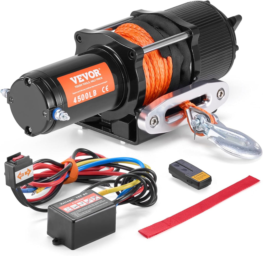 ATV Winch, 4500 lb Electric Winch with Synthetic Rope, 12V DC ATV UTV Winch 1/4 in x 39 ft Aluminum Fairlead Wired