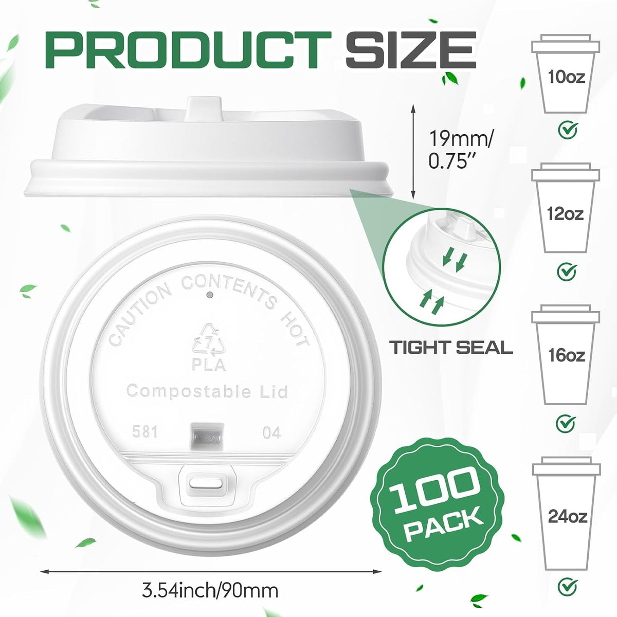 100 Count 100% Compostable CPLA Coffee Cups Lids Bulk, 3.54 Inch