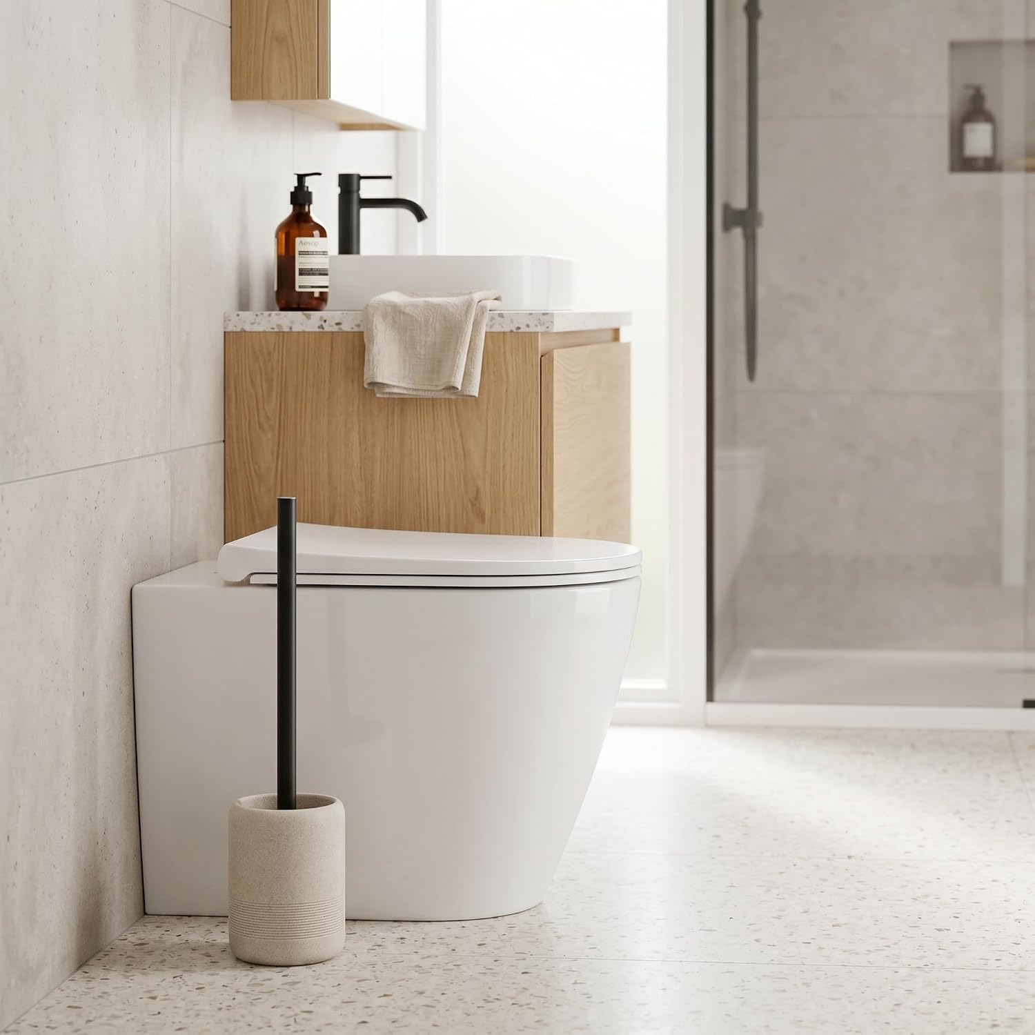 Toilet Brush and Holder Set, 2 PCS,Simple Sandstone Look,Beige | Decorative Toilet Bowl Brush and Holder