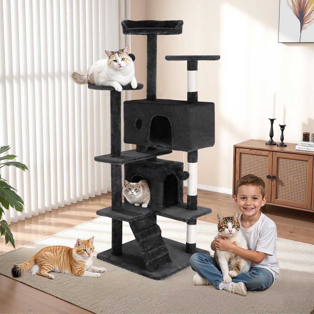 Cat Tree 54in Cat Tower Multi-Level Durable Cat Scratching Post & Cozy Fun Cat Jumping Platform Space Saving Cat