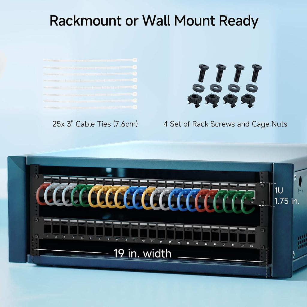 1U 24 Port Keystone Patch Panel with Cable Management | With Support Bar, Rackmount or Wall Mount, 19-Inch Black