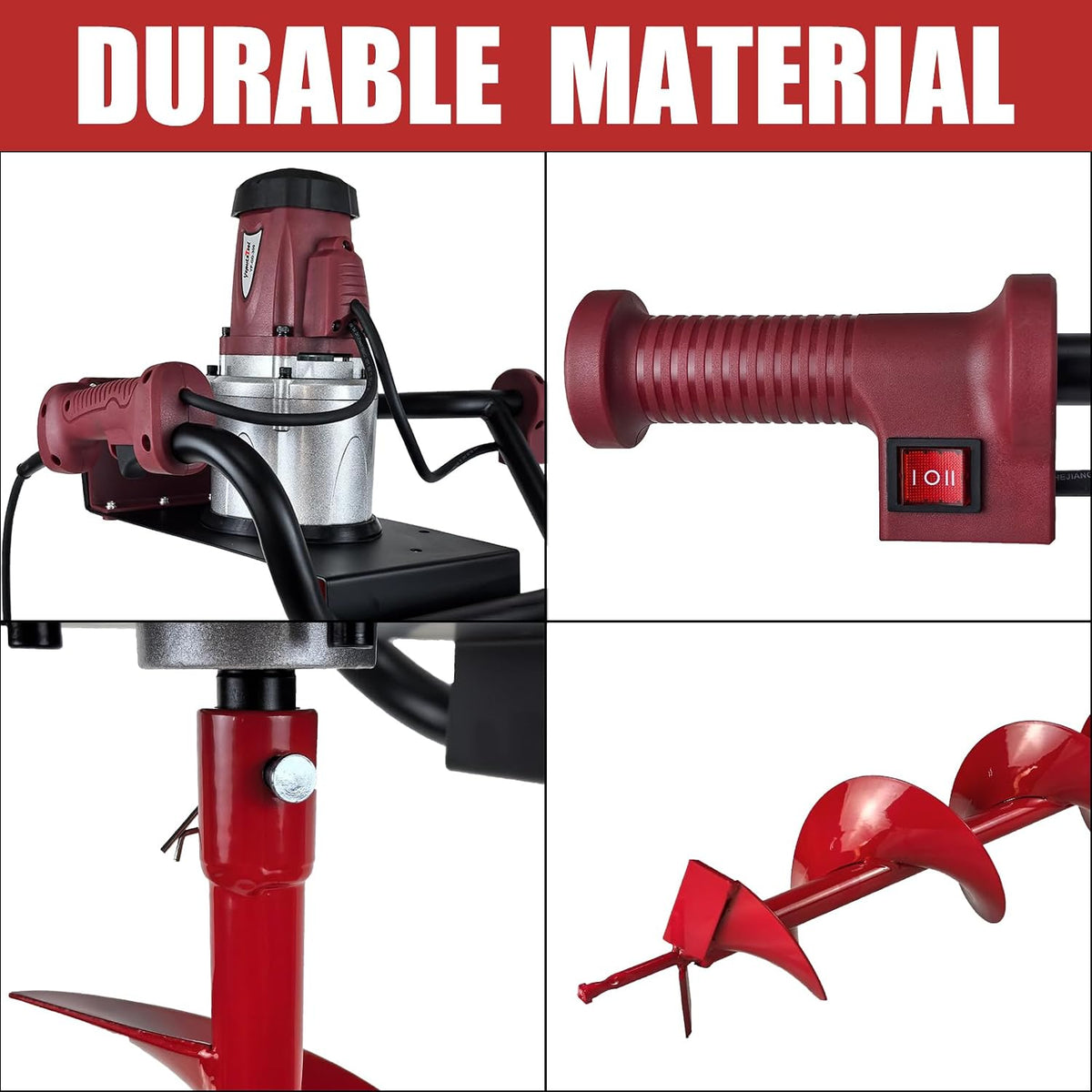 1500W Electric Post Hole Digger with 6" Bit, Red | 110V, 200RPM, 90ft-lb Torque, 6" Bit, Safety Lock, Anti-Vibration