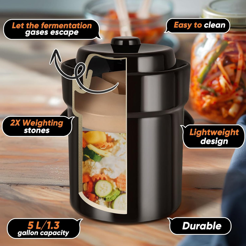 Fermentation Crock 2 Liter / 0.5 Gallon, Sauerkraut Crock with Lid, Weights & Pounder - Ceramic Fermenting Crock Kit