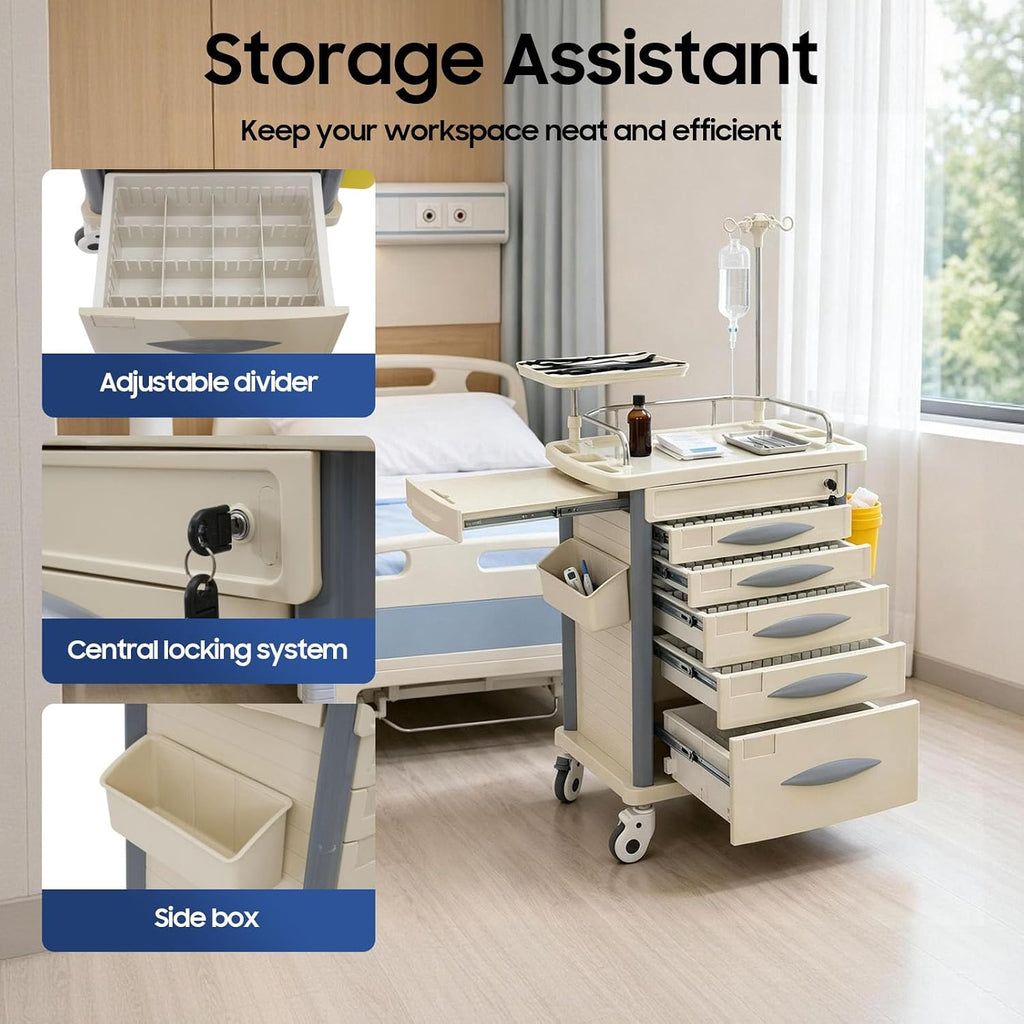 Medical Rolling Crash Cart with Accessories-CPR Board, 2 Trash Bin, Power Strip, Drawers with Dividers, Mobile