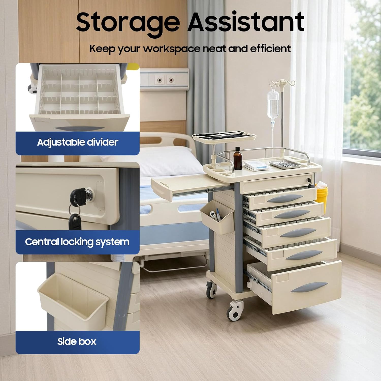 Medical Rolling Crash Cart with Accessories-CPR Board, 2 Trash Bin, Power Strip, Drawers with Dividers, Mobile