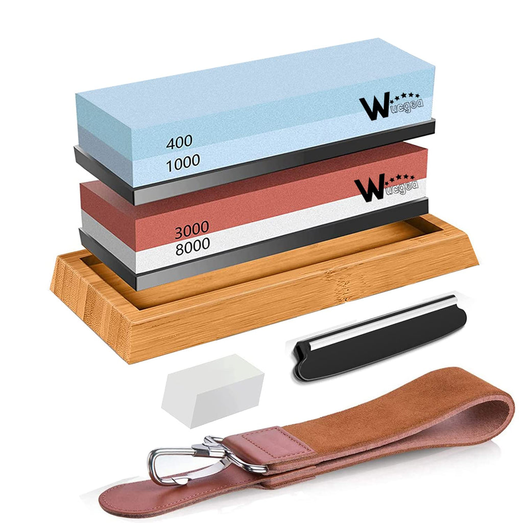 Knife Sharpening Stone Kit - 400/1000 3000/8000 Grit Japanese Whetstone Set with Non-Slip Rubber Base, Angle Guide