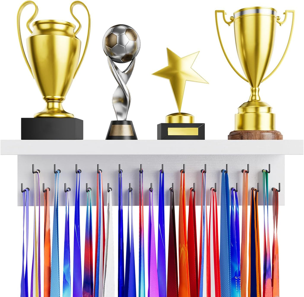 Medal Holder Display Trophy Shelf Organizer, Sturdy Wooden Race Award Hanger Rack with 25 Steel Hooks, Wall Mount