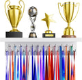 Medal Holder Display Trophy Shelf Organizer, Sturdy Wooden Race Award Hanger Rack with 25 Steel Hooks, Wall Mount