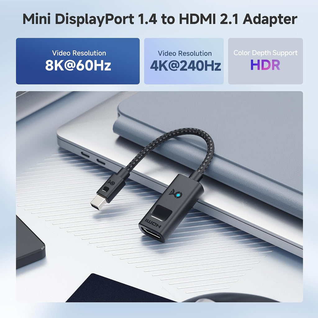 Active 8K Mini DisplayPort 1.4 to HDMI 2.1 Adapter, Black | 8K@60Hz / 4K@240Hz, Unidirectional Mini DisplayPort to