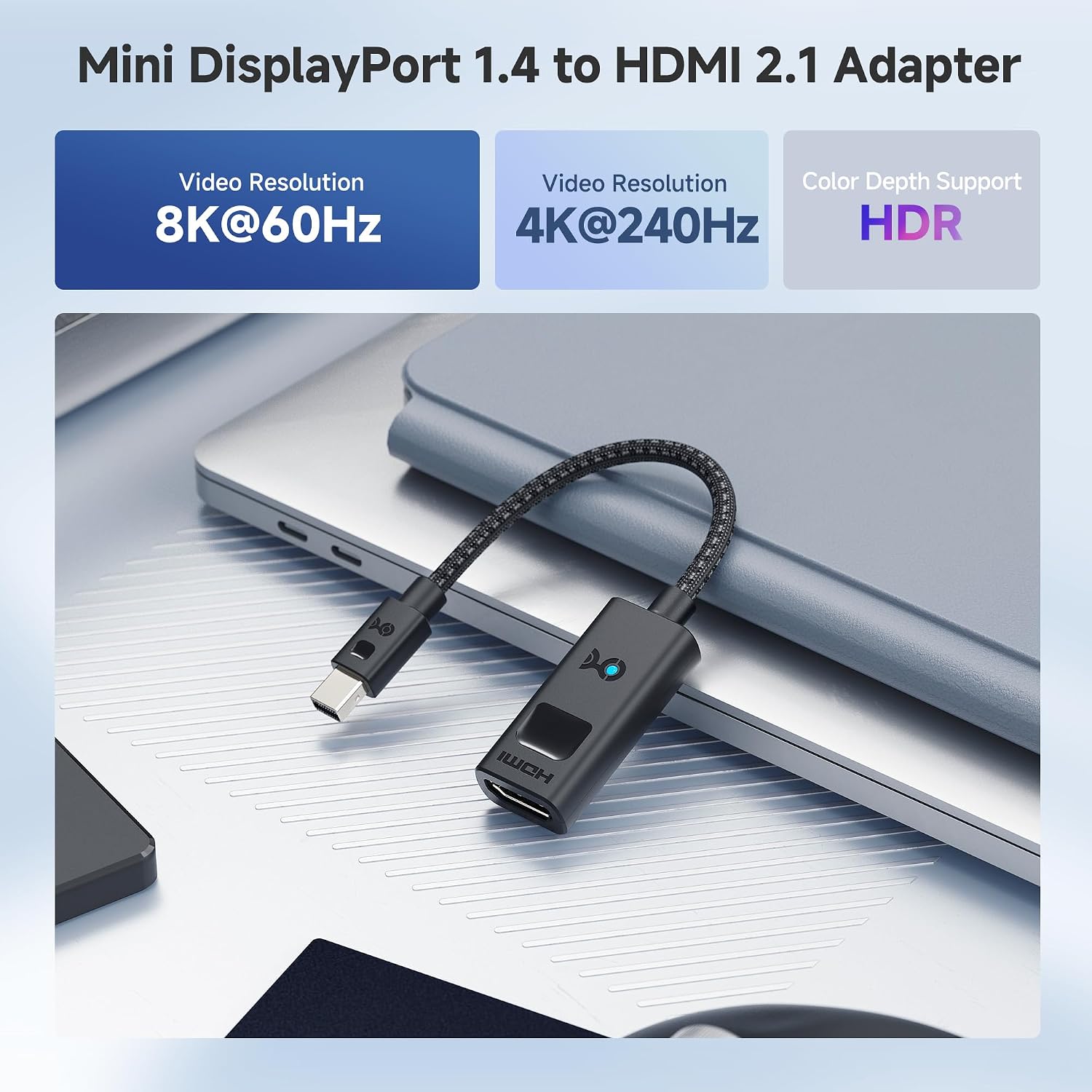 Active 8K Mini DisplayPort 1.4 to HDMI 2.1 Adapter, Black | 8K@60Hz / 4K@240Hz, Unidirectional Mini DisplayPort to