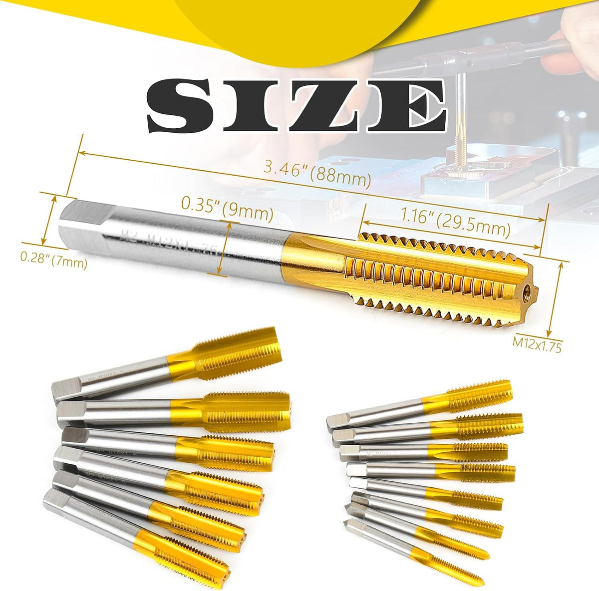 2Pcs M12 x 1.75 Thread Tap for Metal,Taper and Bottom Threading Hand Tap