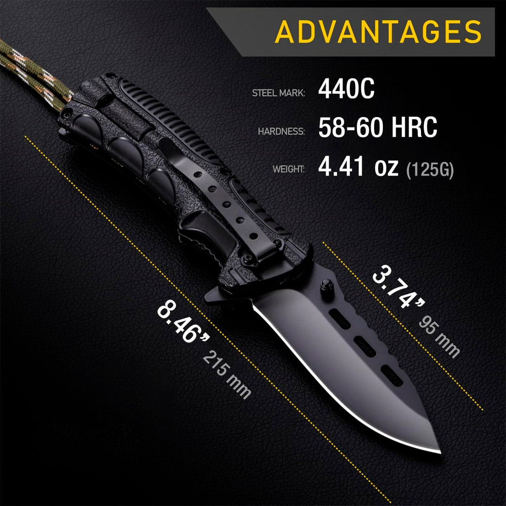 Pocket Knife with 3.74" Sharp Blade, Fire Starter, Whistle & Paracord Handle, Liner Lock - Multifunctional Folding