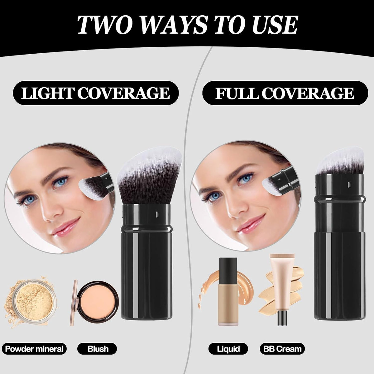 Retractable Kabuki Makeup Brush, 2 Pcs Powder Face Makeup Brush Set
