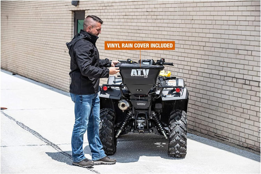 Buyers Products ATVS100 ATV Broadcast Spreader with Rain Cover, 100 lb Capacity, Rear Rack Mount, Poly Hopper, 12V Motor