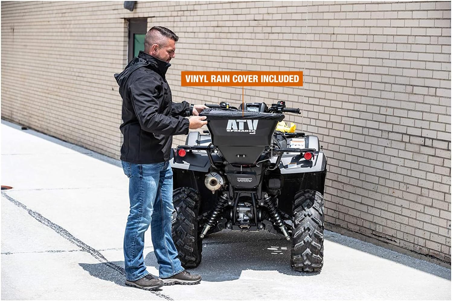 Buyers Products ATVS100 ATV Broadcast Spreader with Rain Cover, 100 lb Capacity, Rear Rack Mount, Poly Hopper, 12V Motor