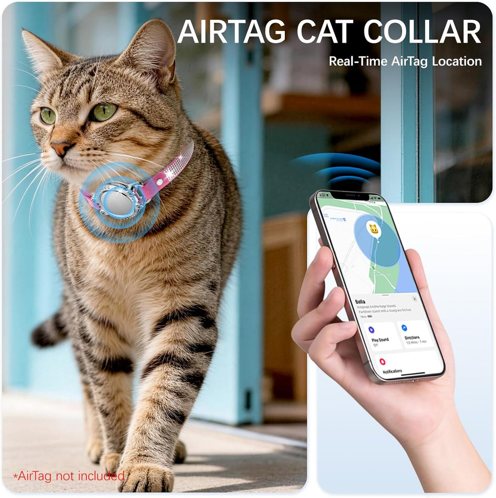 AirTag Cat Collar Breakaway, Rhinestone Collars with Air Tag Holder, Pink