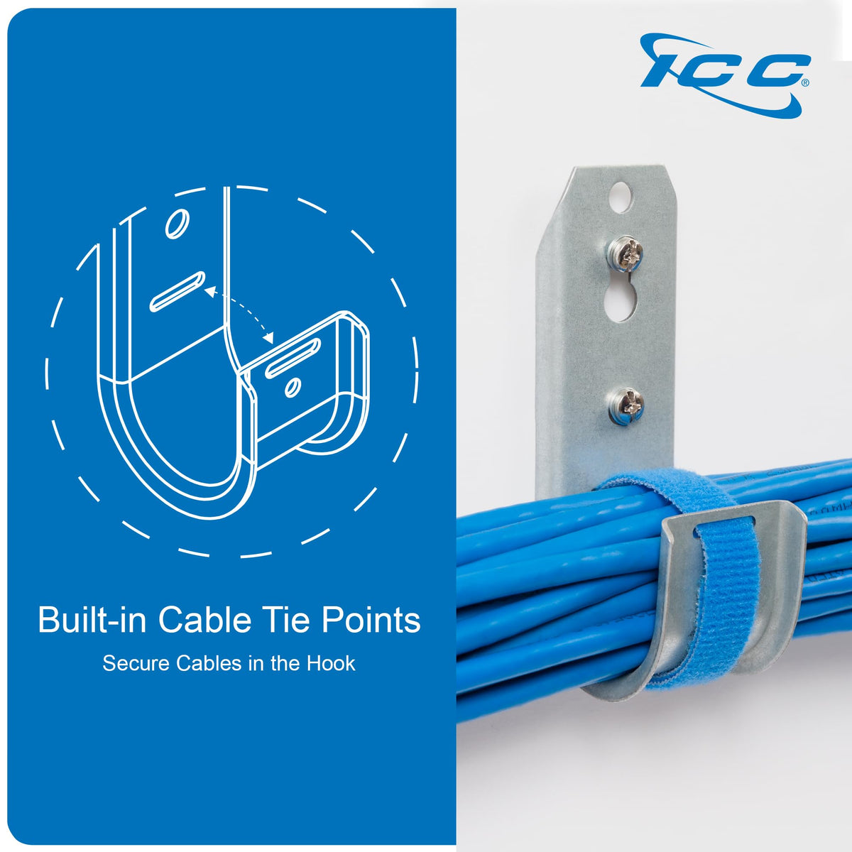ICC 2-Inch Wall Mount J Hook Cable Management, Retainer Clips, 25-Pack
