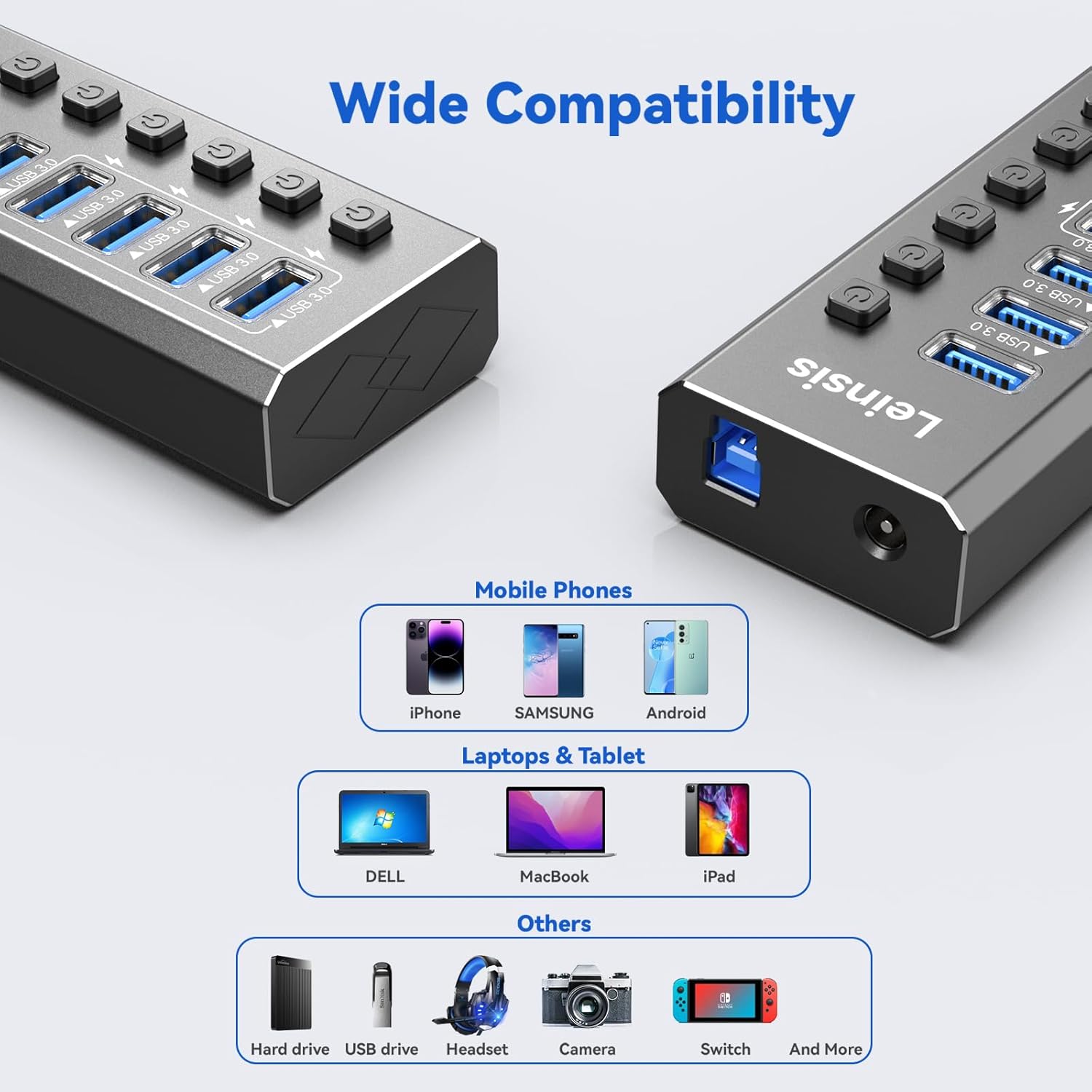 Powered USB Hub 3.0, Leinsis 7-Port USB 3.0 Hub [Durable Aluminum] 7 Data Transfer Ports+ 4 Smart Charging Ports with