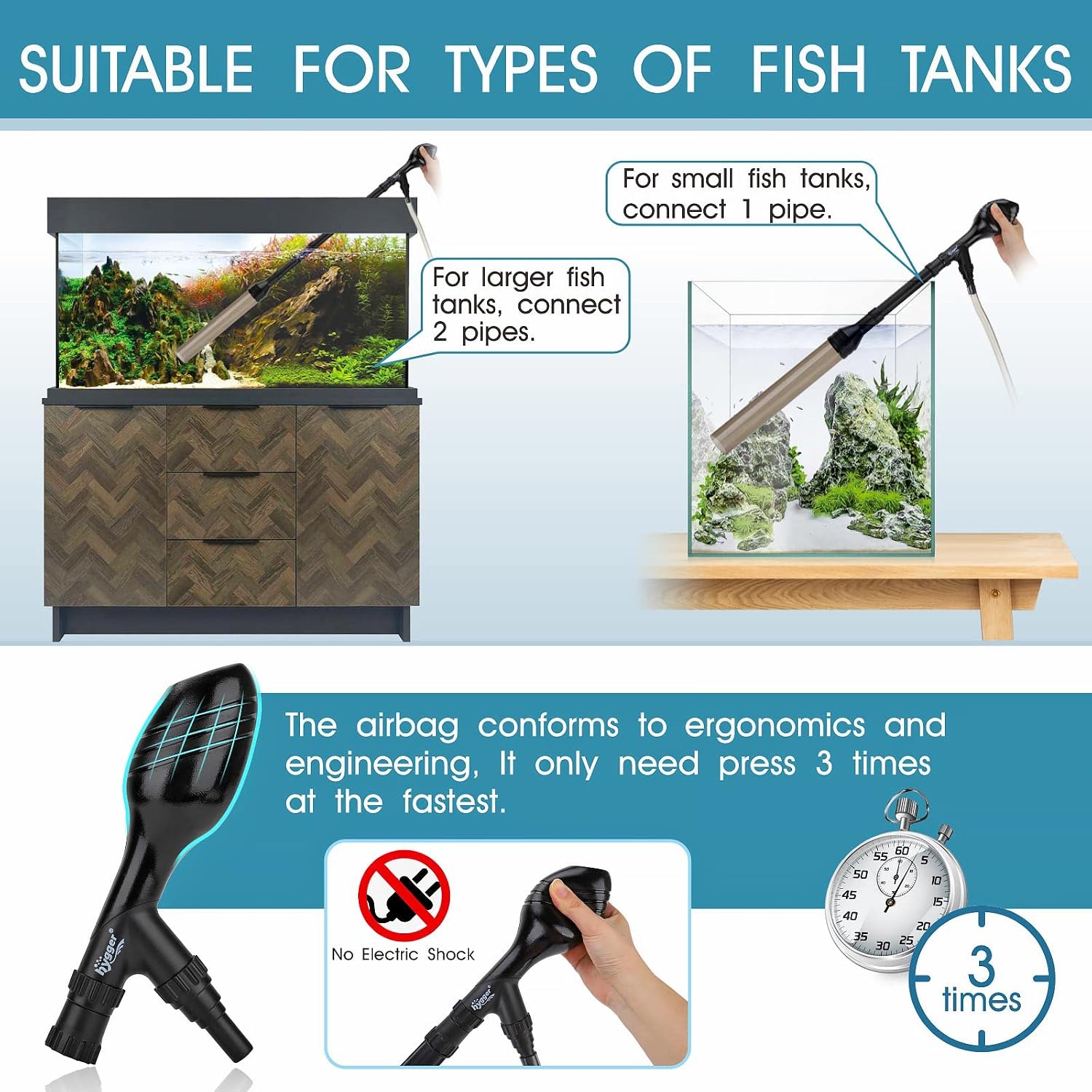 Manual 256GPH Gravel Vacuum for Aquarium, Run in Seconds Aquarium Gravel Cleaner Low Water Level Water Changer Fish