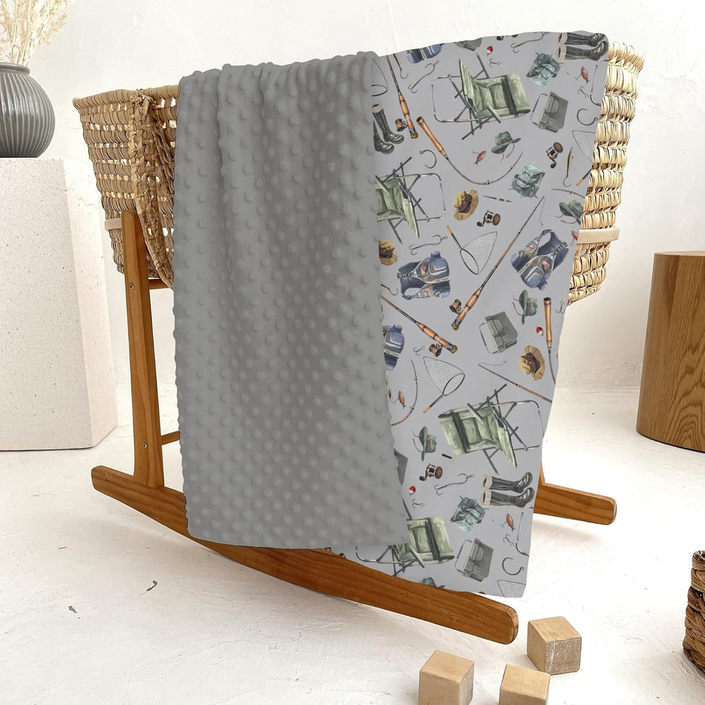 Retro Gray Fishing Gear Baby Blankets for Girl Boy Trout Fishes Soft Mink Dotted Backing Double Layer Swaddle