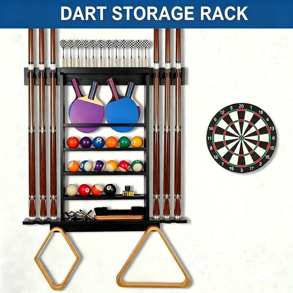 Large Pool Stick Holder Wall Mount, Billiards Pool Cue Rack Ping Pong Paddle Holder, Dart Holder 3-IN-1, Wood Pool