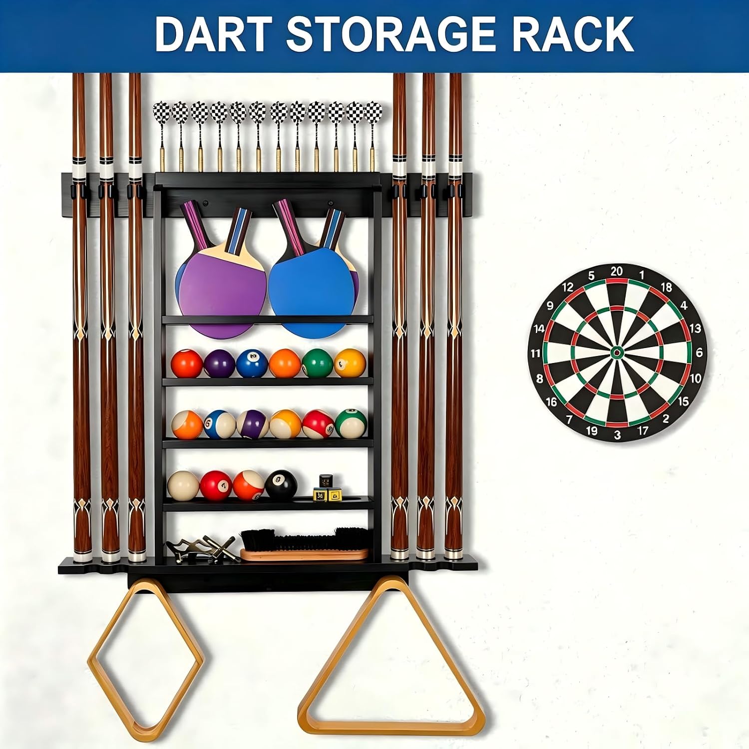 Large Pool Stick Holder Wall Mount, Billiards Pool Cue Rack Ping Pong Paddle Holder, Dart Holder 3-IN-1, Wood Pool