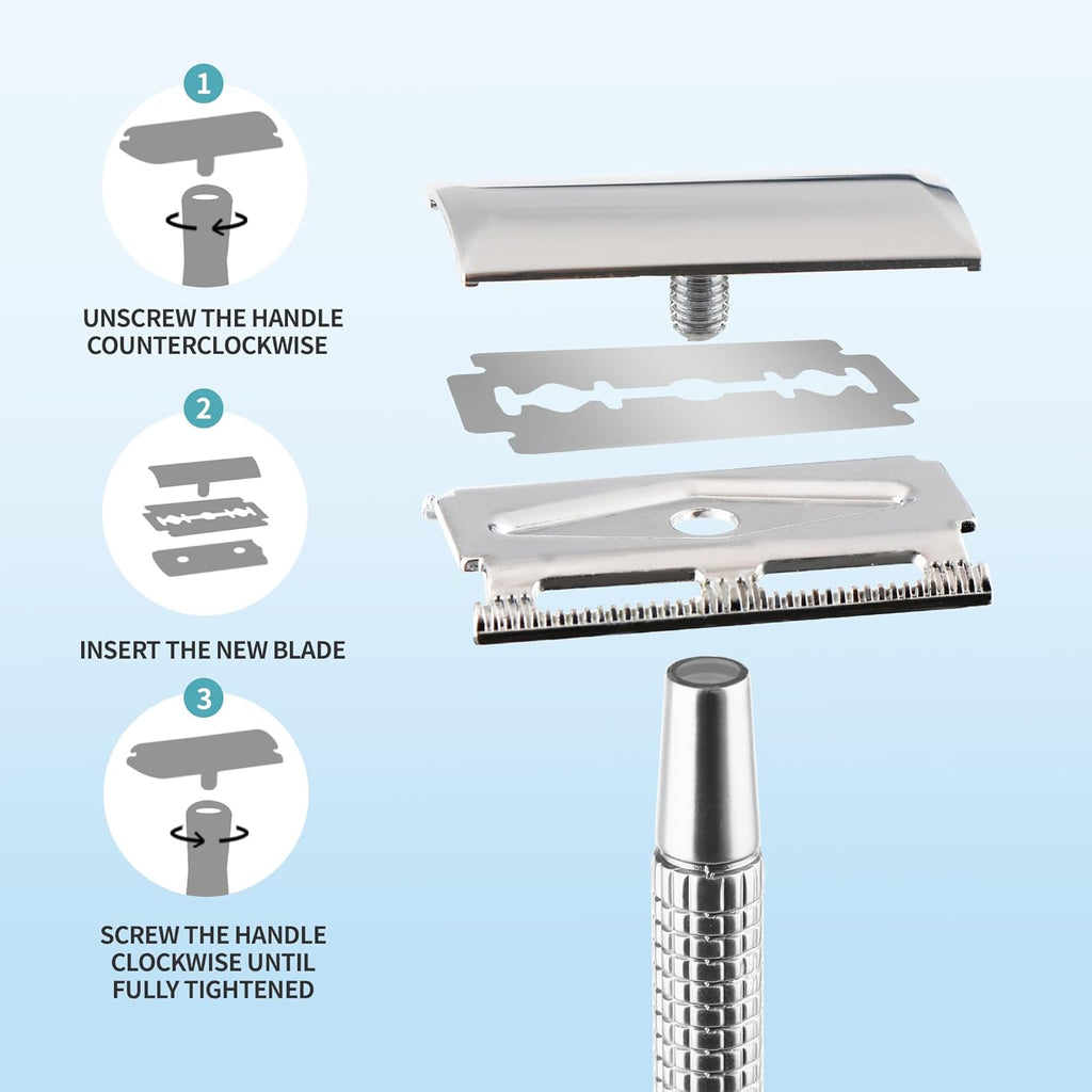 Double Edge Safety Razor Reusable Stainless Metal Wet Shaving Razor with 10 Swedish Platinum Blades for Men Women