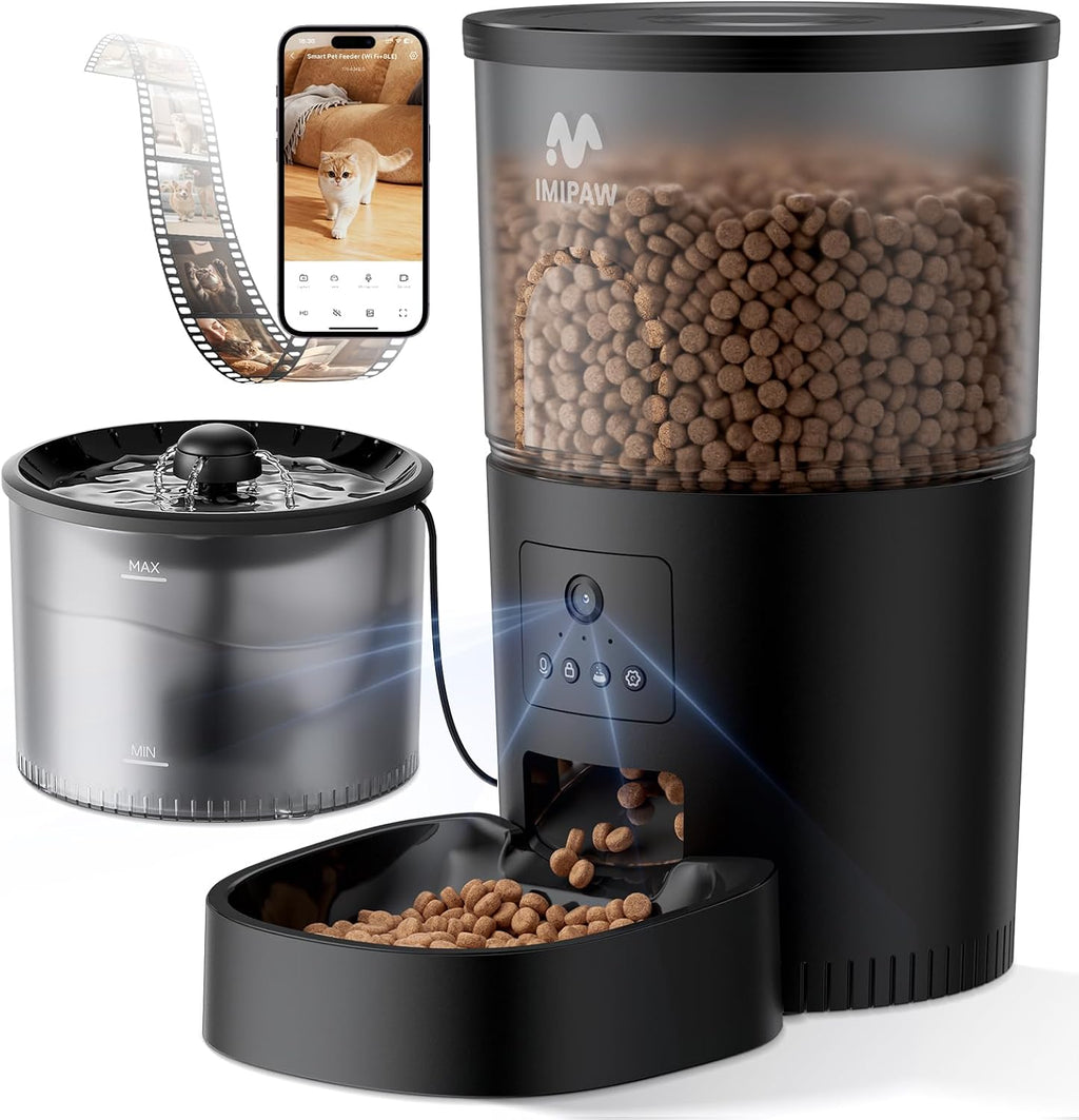 Automatic Cat Feeder with Camera and Water Fountain, HD AI Pet Recognition, APP Remote Control, Timed Food Dispenser