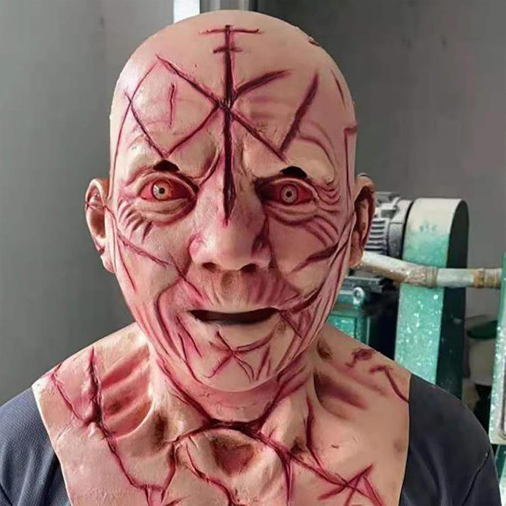 Halloween Scary Demon Latex Mask with Bloody Scars, Realistic Bald Head Horror Costume for Adults, Cosplay Parties