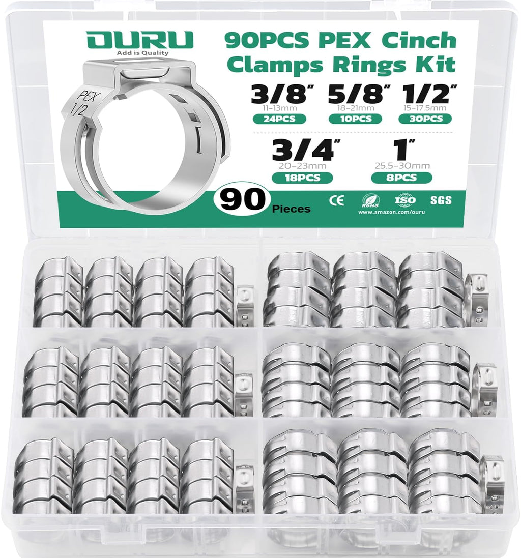 OURU 90PCS Pex Cinch Clamp Rings Assortment Kit, 3/8",1/2",3/4",5/8",1"