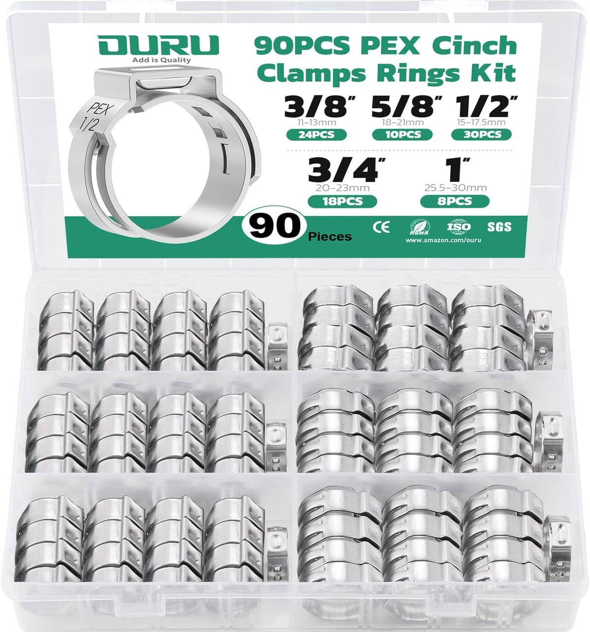 OURU 90PCS Pex Cinch Clamp Rings Assortment Kit, 3/8",1/2",3/4",5/8",1"