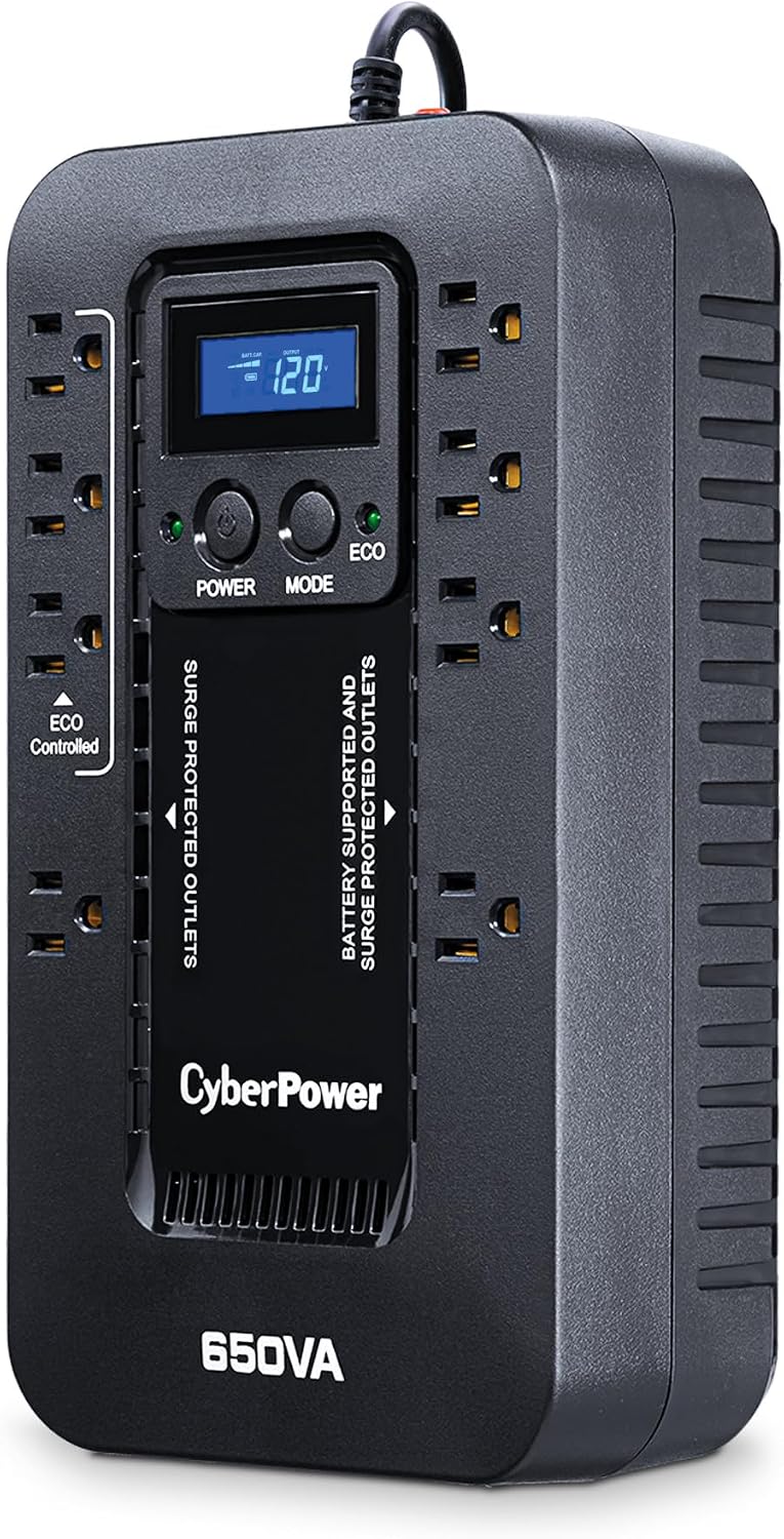EC650LCD Ecologic UPS Battery Backup and Surge Protector | 650VA/390W, 8 Outlets, ECO Mode, Compact, UL Certified