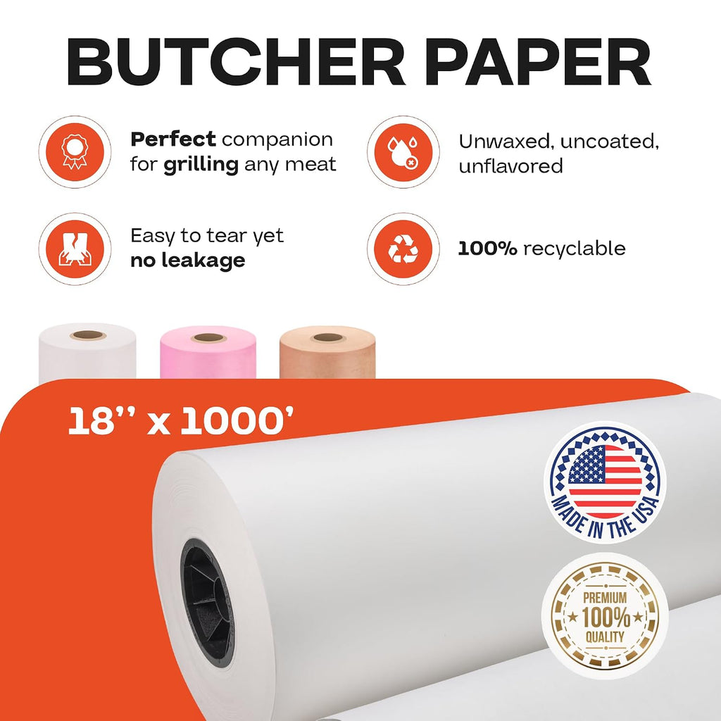 White Butcher Paper 18" x 12000" (1000 feet) - USA-Made Natural Paper Roll