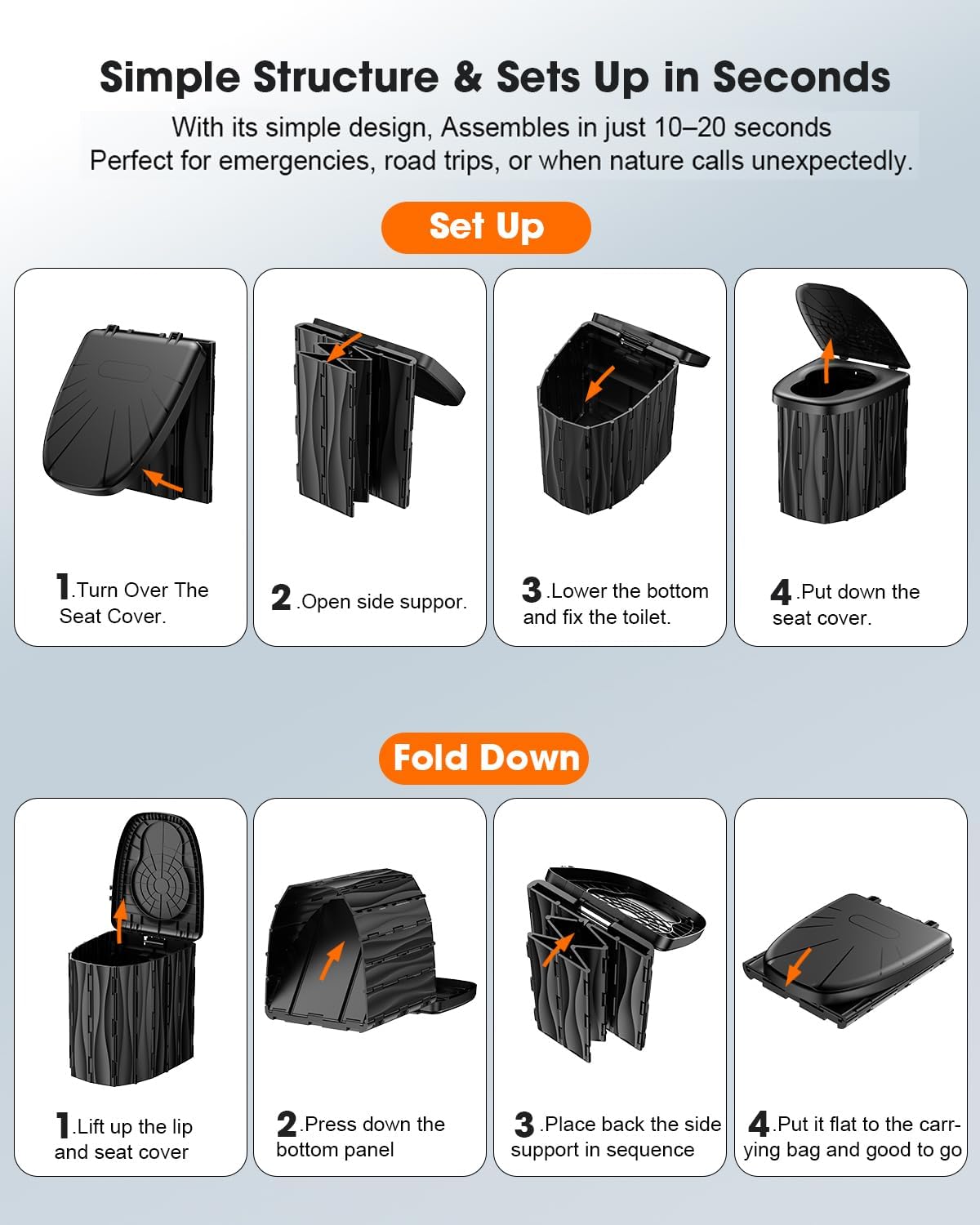 New Upgraded 15'' XL Portable Toilet for Adults, Camping Toilet Tested 500 LBS With Lid & Removable Paper Holder