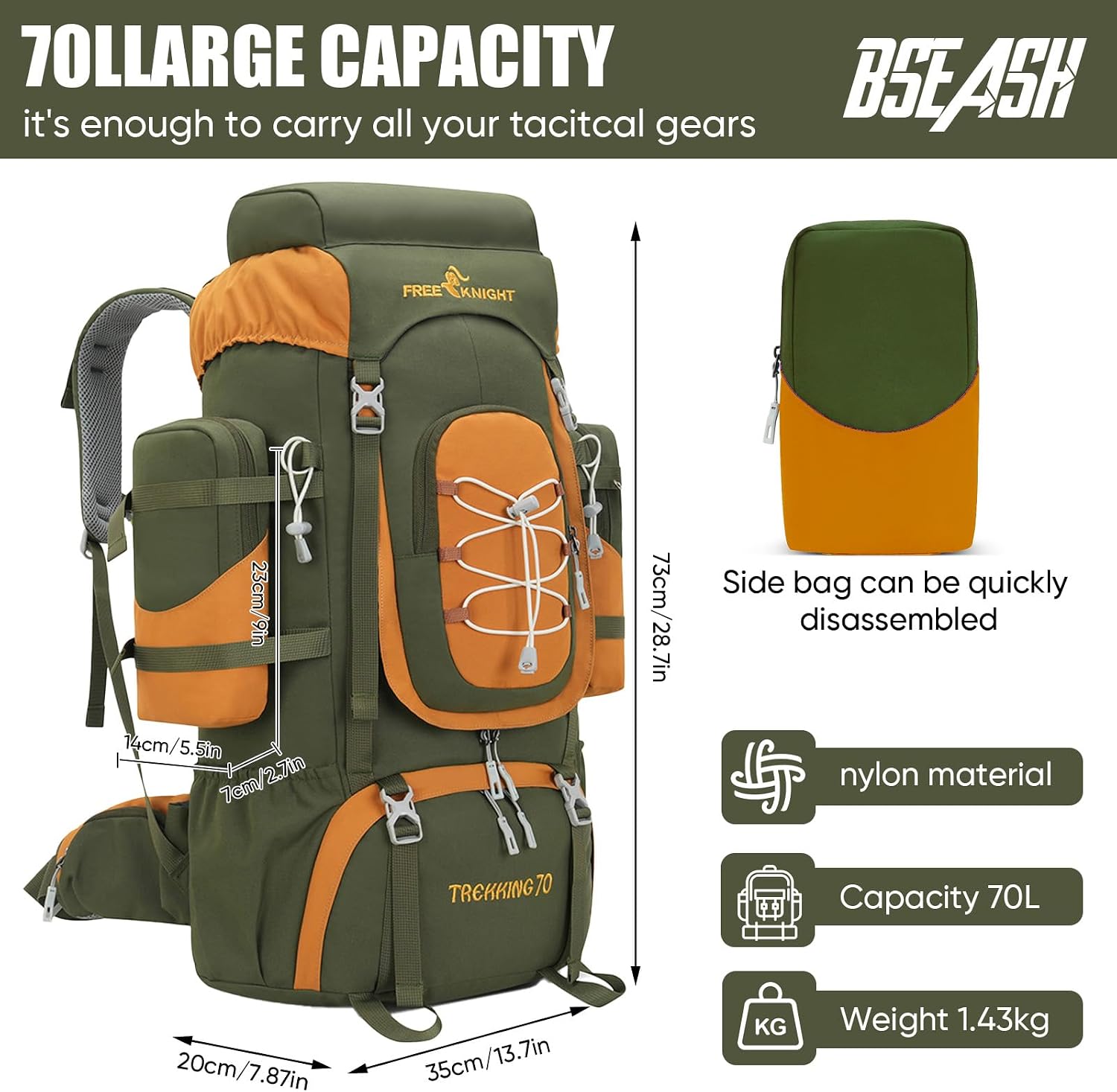 70L (65+5) Waterproof Hiking Camping Backpack with Rain Cover, Outdoor Sport Travel Daypack for Climbing Touring