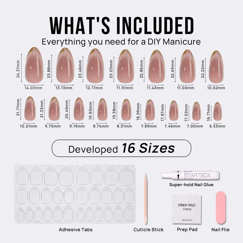 Press On Nails, Medium Almond Nude Fake Nails, 32Pcs Full Kit