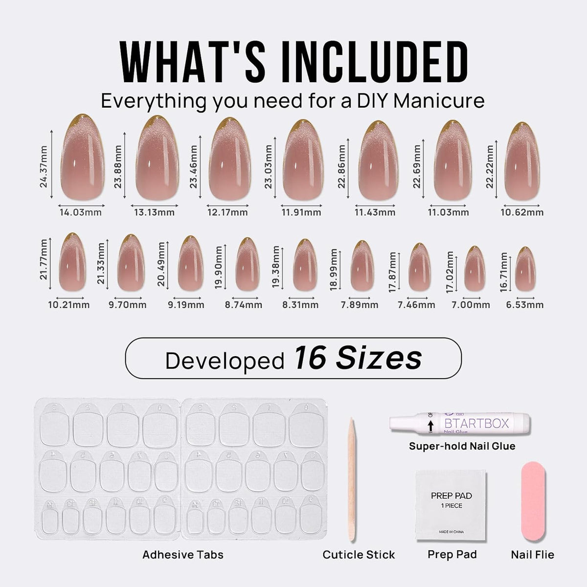 Press On Nails, Medium Almond Nude Fake Nails, 32Pcs Full Kit