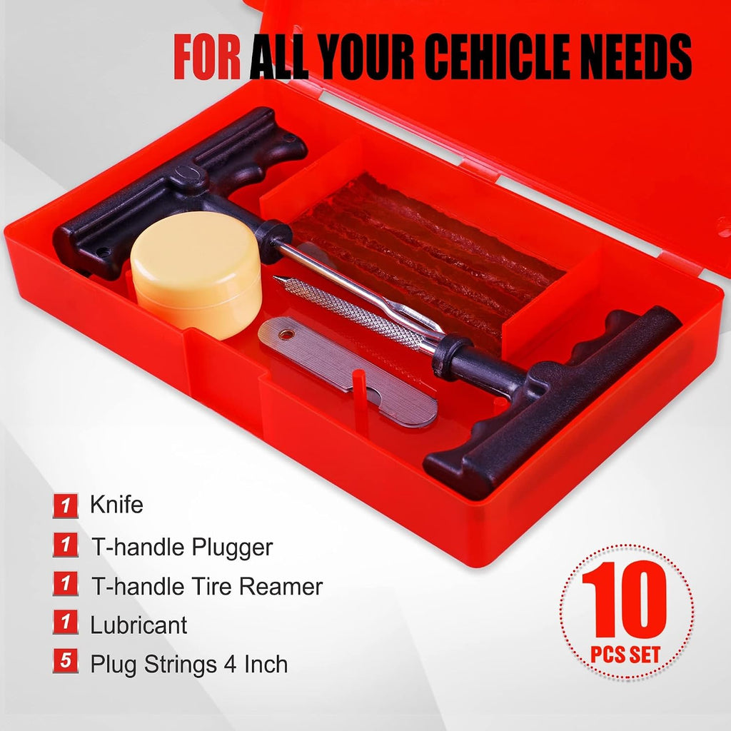 10-Piece Economical Tire Repair Kit – Flat Tire Plug Kit with T-Handle Tools, Storage Case – Fix Punctures Fast, –