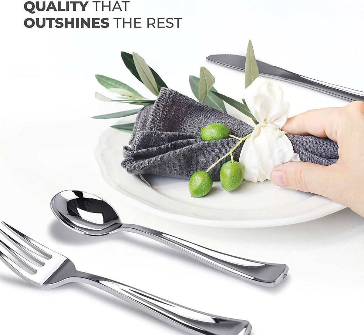 Silver Plastic Cutlery Set 300 Pack Disposable Silverware Heavy Duty Plastic 100 Forks, 100 Knives, 100 Spoons for