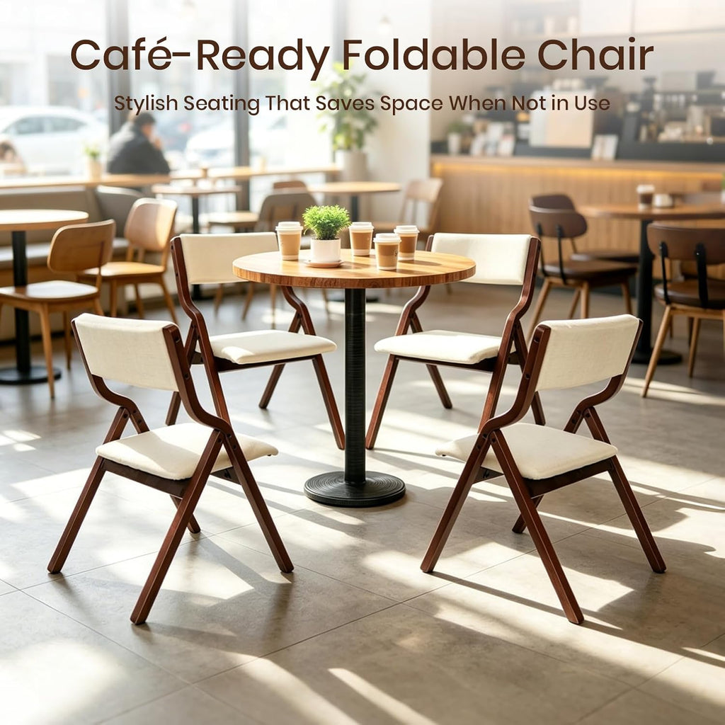 Stackable Foldable Chairs Set of 4, Fully Assembled Padded Fabric Upholstered Seat with Solid Wood Frame, for